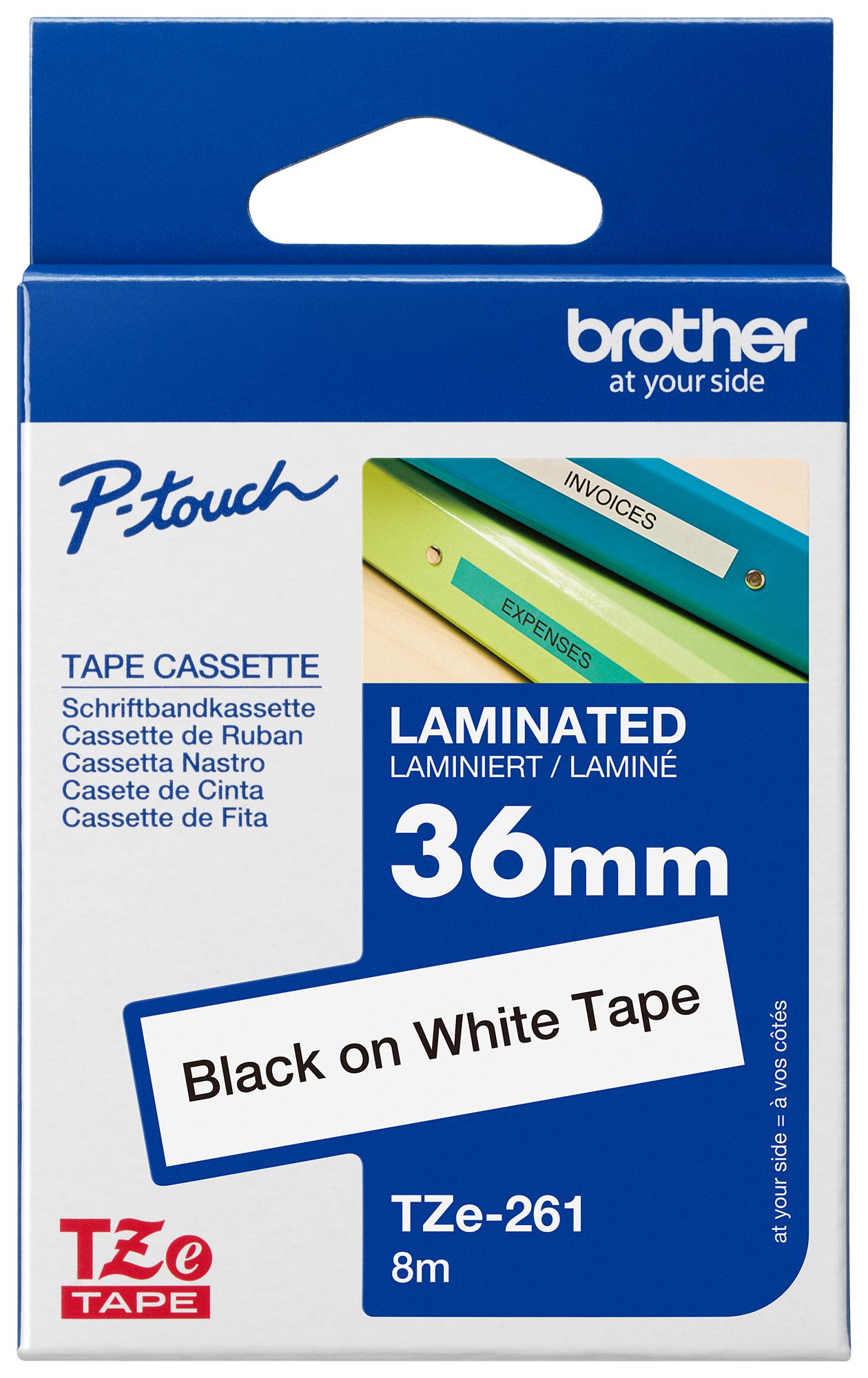 TZE261 Brother Label Printer Tape, AdhesiveLaminated, Black on White
