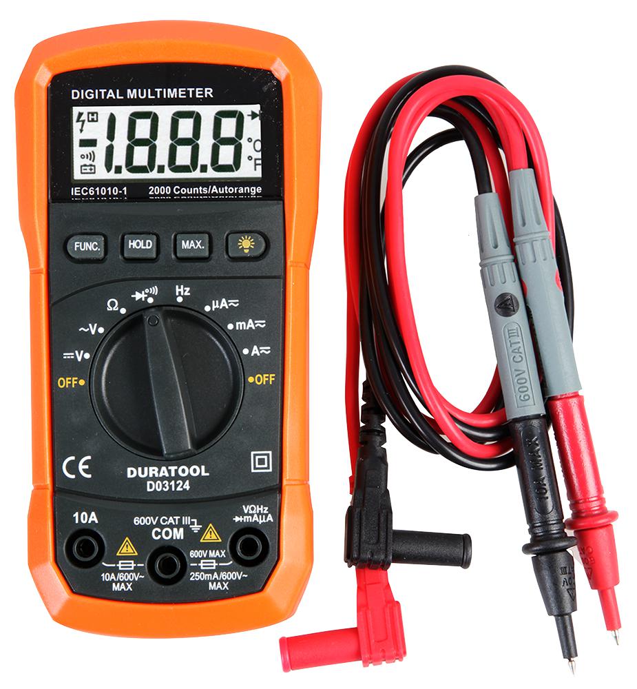 D03124 Duratool Digital Multimeter, Auto, 600 V AC/DC