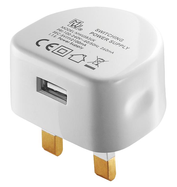 PRO POWER MWUSB3UK WHITE PSU WHT USB UK PLUG 2.1A 5V