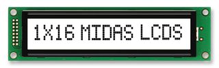 MIDAS DISPLAYS MC11615A6W-FPTLW-V2 Alphanumeric LCD, 16 x 1, Black on White, 5V, English, Japanese, Transflective