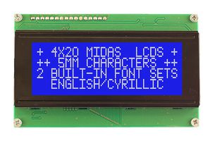 MIDAS DISPLAYS MC42005A6WR-BNMLW-V2 Alphanumeric LCD, 20 x 4, White on Blue, 5V, Parallel, English, Cyrillic, Transmissive