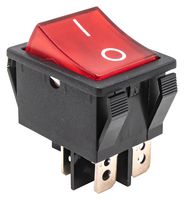 E-SWITCH R5BBLKREDFF1 Rocker Switch, Faston Tab, On-Off, DPST, Illuminated, Panel, Snap-In, Red, R5 Series
