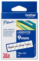 BROTHER TZE-121 Label Printer Tape, Adhesive-Laminated, Black on Transparent (Clear), 8 m x 9 mm