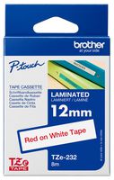 BROTHER TZE-232 Label Printer Tape, Adhesive-Laminated, Red on White, 8 m